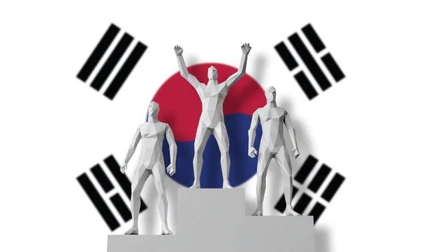 Ganador de Corea del Sur.La gente se paró en un podio de ganadores celebrando. Renderizado 3D — Foto de Stock