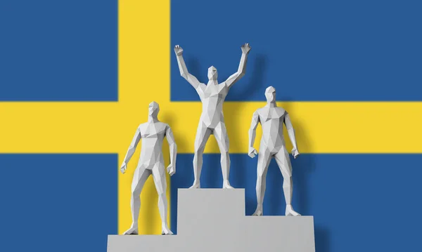 Vencedor da Suécia. As pessoas estavam em um pódio de vencedores comemorando. Renderização 3D — Fotografia de Stock