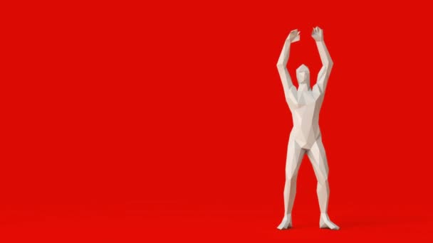 Μια φιγούρα σηκώνει τα χέρια της στον εορτασμό της νίκης. minimal design, 3D απόδοση — Αρχείο Βίντεο
