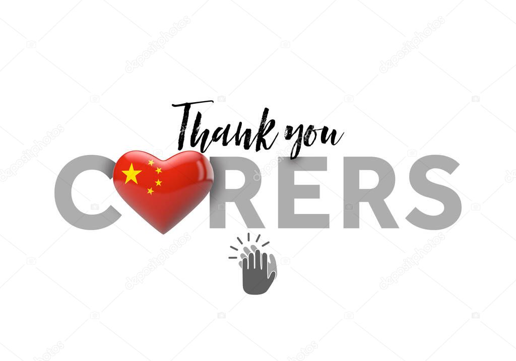 Thank you carers message with China heart flag. 3D Render