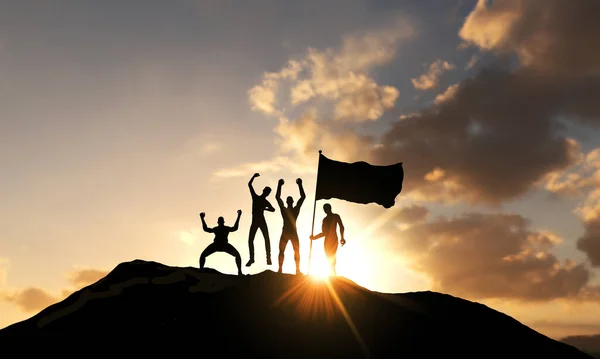 A group of people celebrate on a mountain top with a flag. 3D Render