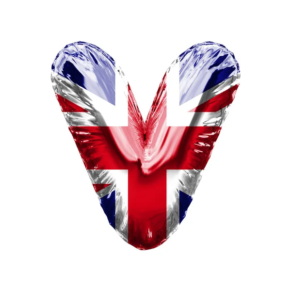 Letter V union jack great britain flag foil balloon font. 3D Render — Stock Photo, Image