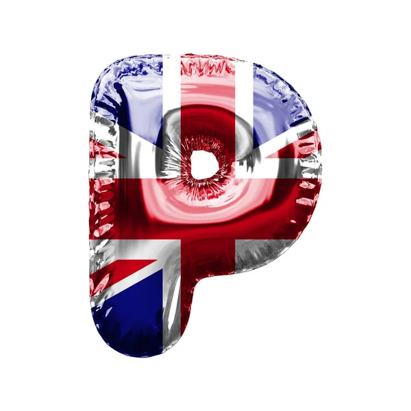 Літера P союзний джек Велика Британія прапор фольги повітряна куля шрифт. 3D рендеринг — стокове фото