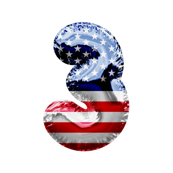 Numer 3 gwiazdki i paski Stany Zjednoczone folia czcionka balon. Renderowanie 3D — Zdjęcie stockowe