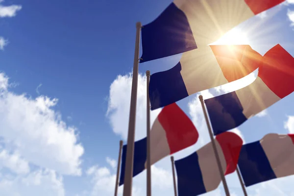 Banderas de Francia ondeando en el viento contra un cielo azul. Renderizado 3D — Foto de Stock