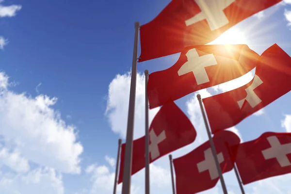 Bandiere svizzere sventolano nel vento contro un cielo blu. Rendering 3D — Foto Stock