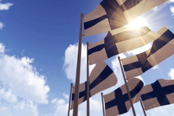 Finlandia bandiere sventolando nel vento contro un cielo blu. Rendering 3D — Foto Stock