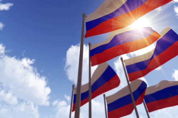 Россия размахивает флагами на фоне синего неба. 3D рендеринг — стоковое фото