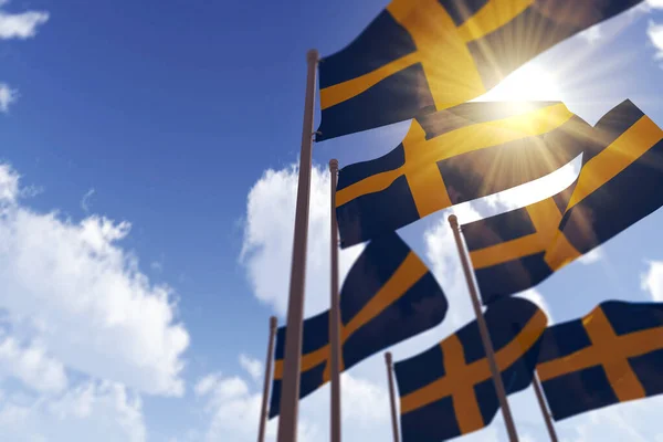 Suède drapeaux agitant dans le vent contre un ciel bleu. Rendu 3D — Photo