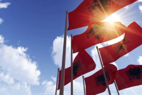 阿尔巴尼亚的国旗迎着蓝天迎风飘扬.3D渲染 — 图库照片