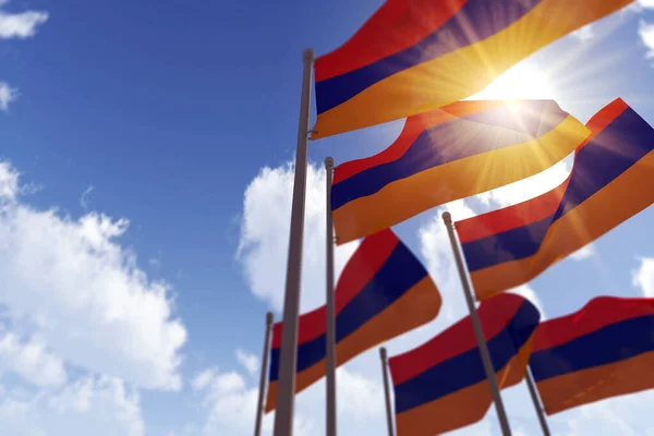 Banderas de Armenia ondeando en el viento contra un cielo azul. Renderizado 3D — Foto de Stock