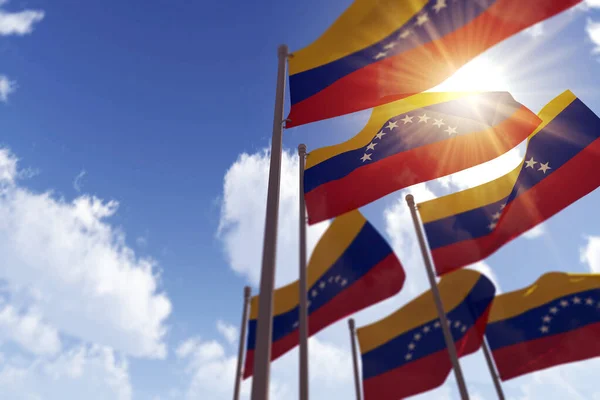Flagi Wenezueli machają na wietrze przed błękitnym niebem. Renderowanie 3D — Zdjęcie stockowe