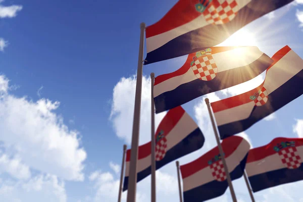 Bandeiras da Croácia acenando ao vento contra um céu azul. Renderização 3D — Fotografia de Stock