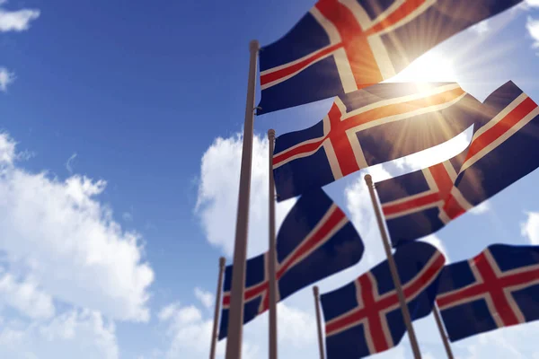 Bandeiras da Islândia acenando ao vento contra um céu azul. Renderização 3D — Fotografia de Stock