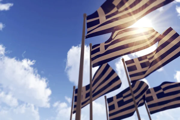 Banderas de Grecia ondeando en el viento contra un cielo azul. Renderizado 3D —  Fotos de Stock