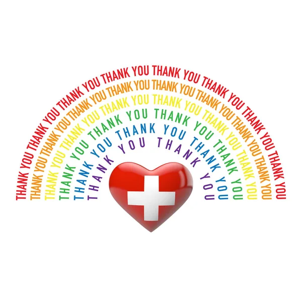 Danke Regenbogen mit Herz der Schweizer Flagge. 3D-Rendering — Stockfoto