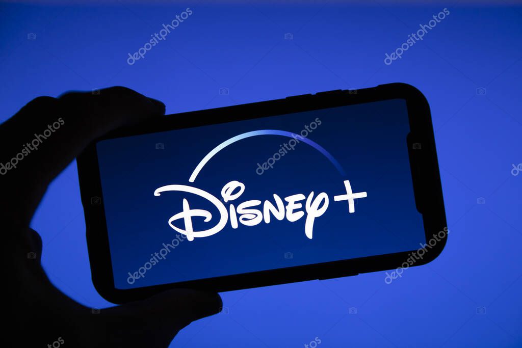 LONDON, UK - April 17 2020: Disney plus streaming service logo on a smartphone