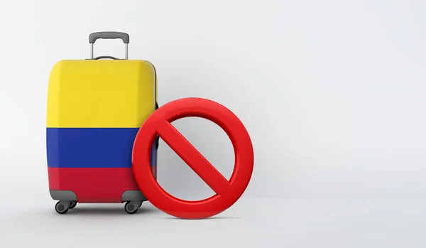 Walizka z flagą Kolumbii bez znaku wejścia. Koncepcja zakazu podróży. 3d Renderowanie — Zdjęcie stockowe