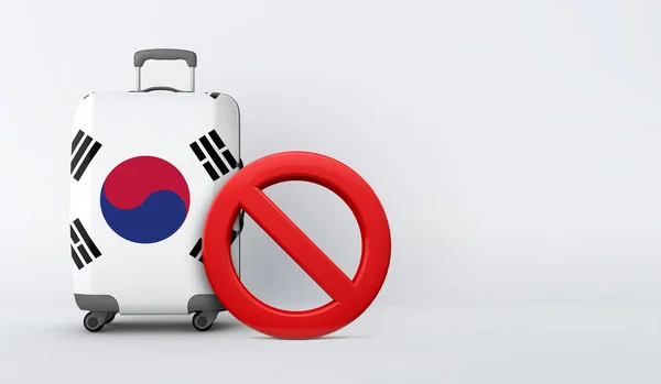 Dél-Korea zászlós bőrönd, belépő jel nélkül. Utazási tilalom. 3D Render — Stock Fotó