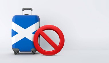 İskoçya bayrağı valizinde giriş işareti yok. Seyahat yasağı konsepti. 3B Hazırlama