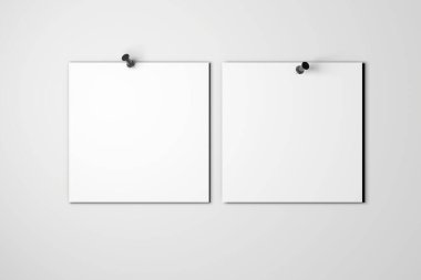 Boş beyaz poster düz gri bir duvara asılmış. 3B görüntüleme