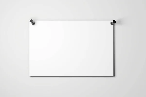 Cartaz branco em branco zomba preso a uma parede cinza lisa. Renderização 3D — Fotografia de Stock