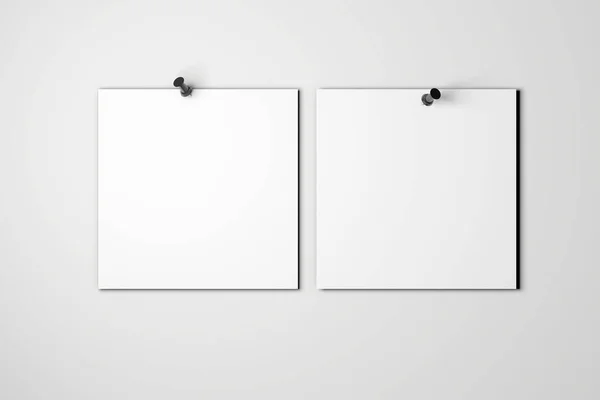 Blanco witte poster, vastgepind aan een grijze muur. 3D-weergave — Stockfoto