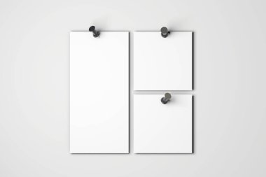 Boş beyaz poster düz gri bir duvara asılmış. 3B görüntüleme