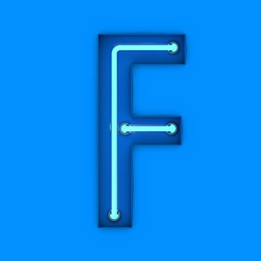 Neon tarzı hafif F harfi. Parlayan neon büyük harf. 3B görüntüleme