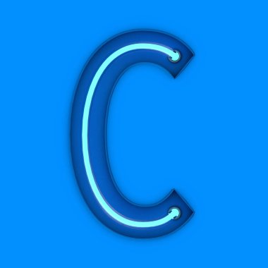 Neon tarzı hafif harf C. Parlak neon büyük harf. 3B görüntüleme