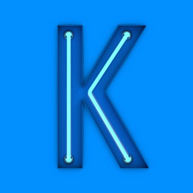 Neon tarzı hafif K harfi. Parlayan neon büyük harf. 3B görüntüleme