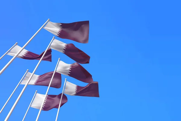 Σημαίες του Κατάρ κυματίζουν στον άνεμο πάνω από έναν γαλάζιο ουρανό. 3D απόδοση — Φωτογραφία Αρχείου