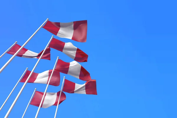 Banderas de Perú ondeando en el viento contra un cielo azul. Renderizado 3D —  Fotos de Stock