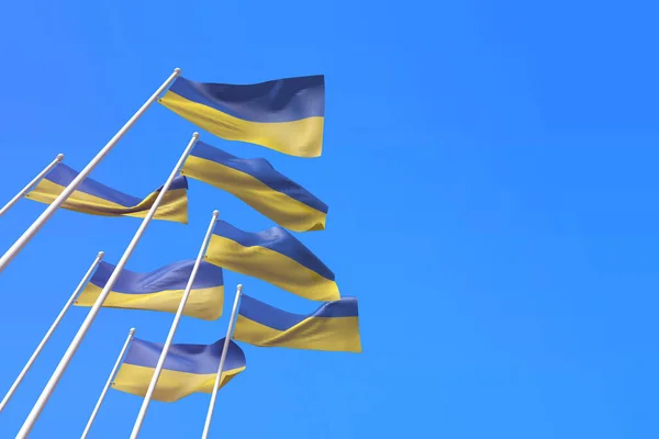 Drapeaux de l'Ukraine agitant dans le vent contre un ciel bleu. Rendu 3D — Photo