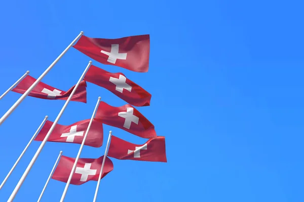 Bandeiras da Suíça acenando ao vento contra um céu azul. Renderização 3D — Fotografia de Stock