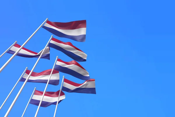 Flagi Holandii machają na wietrze nad błękitnym niebem. Renderowanie 3D — Zdjęcie stockowe