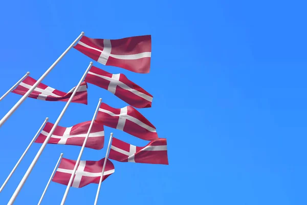 Dania macha flagami na wietrze nad błękitnym niebem. Renderowanie 3D — Zdjęcie stockowe