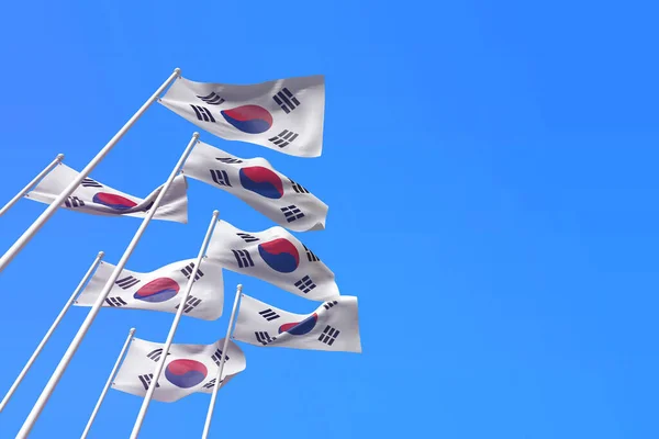Dél-Korea zászlói lobognak a szélben a kék ég felé. 3D Renderelés — Stock Fotó