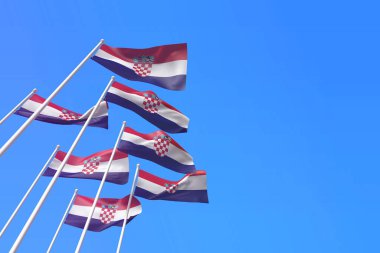 Hırvatistan mavi gökyüzüne karşı rüzgarda dalgalanan bayraklar taşıyor. 3B Hazırlama