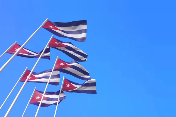 Mavi gökyüzüne karşı rüzgarda dalgalanan Küba bayrakları. 3B Hazırlama — Stok fotoğraf