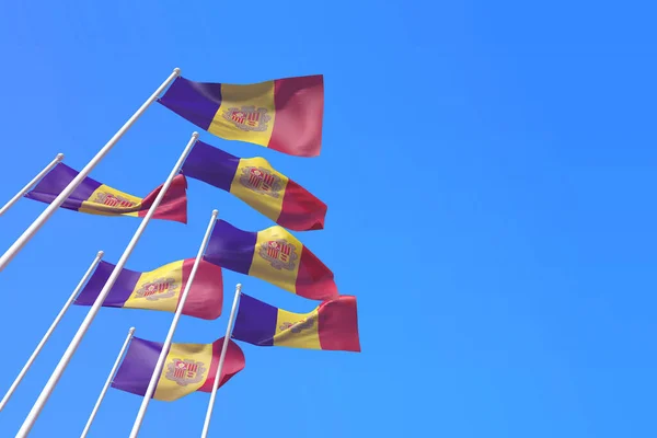 Flagi Andory machają na wietrze przed błękitnym niebem. Renderowanie 3D — Zdjęcie stockowe