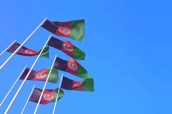 Afganisztán zászlói lobognak a szélben a kék ég felé. 3D Renderelés — Stock Fotó