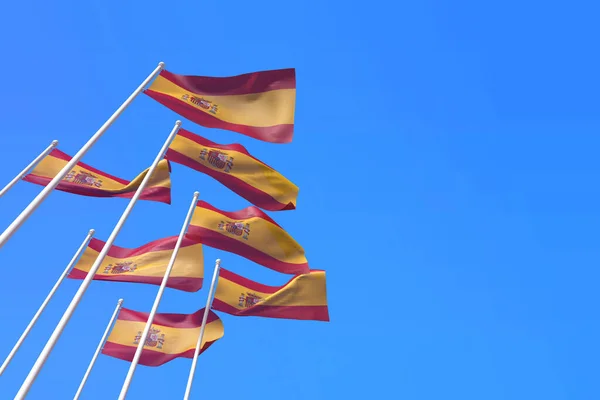 Banderas de España ondeando en el viento contra un cielo azul. Renderizado 3D — Foto de Stock