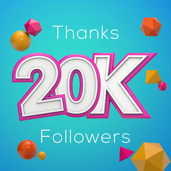 Дякую 20K послідовників. Банер абонентів соціальних мереж. 3D візуалізація — стокове фото
