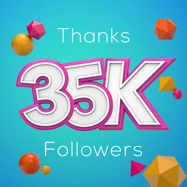 Obrigado 35K seguidores. Banner de assinantes de mídia social. Renderização 3D — Fotografia de Stock