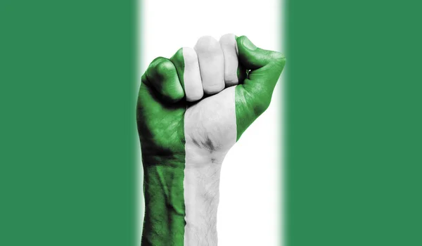 Bandera de Nigeria pintada con el puño cerrado. Fuerza, concepto de protesta — Foto de Stock