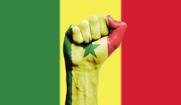 Σημαία Σενεγάλης ζωγραφισμένη σε σφιχτή γροθιά. Δύναμη, Διαμαρτυρία έννοια — Φωτογραφία Αρχείου