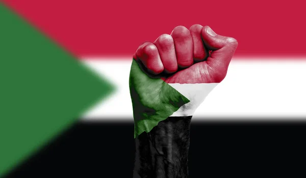 Bandiera Sudan dipinta su un pugno serrato. Forza, concetto di protesta — Foto Stock