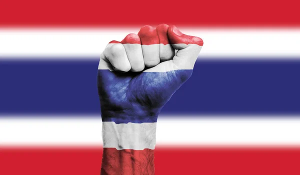 挂在紧握拳头上的泰国国旗。力量、抗议概念 — 图库照片