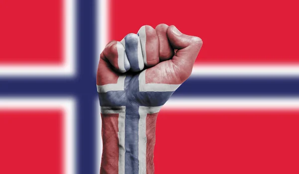 노르웨이 국기는 쥐어짜는 주먹에 그려져 있었다. 강인 함, 증명 개념 — 스톡 사진